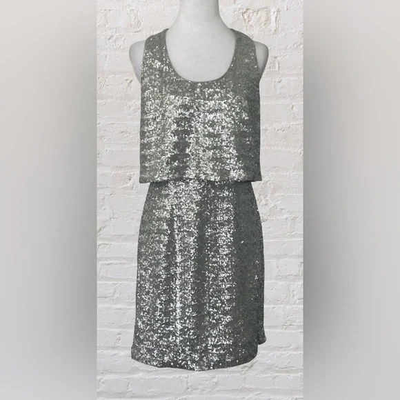 Laundry Shelli Segal Silver Shift Sequined Cocktail Event Dress M 6 Old Money - Picture 2 of 13